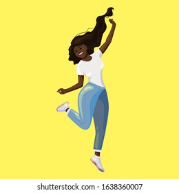 Happy woman jumping flat character. Cheerful young dark skin woman isolated. Smiling excited african american girl in casual clothes. Happiness gesture. Joyful, carefree lady design element