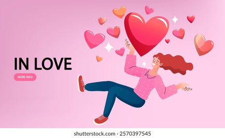 Happy woman jumping. A girl in love is surrounded by flying hearts. Romantic mood. Love yourself concept. Valentine's Day. Human Relations. Romantic Dating. Vector illustration.