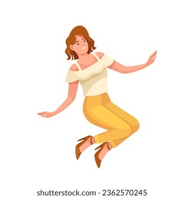 Mujer feliz saltando la ilustración vectorial alta. Caricatura aislada joven bailarina personaje en pantalones, blusa y tacones altos volando, libre vuelo de fantasía humana en el aire, salto movimiento de mujer