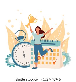 Happy woman jumping, holding golden cup near schedule and stopwatch stock vector illustration. Time management, personal productivity, successful woman concept in glat design isolated composition