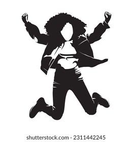 Happy woman jumping, isolated vector silhouette, ink drawing, front view