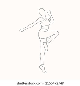 Happy Woman Jumping For Joy in continuous line art Drawing Style Vector illustration. Woman Jogging Black Line Sketch on white background. Celebrating Female Silhouette Outline Drawing Jumper Girl