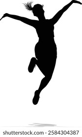 A happy woman jumping for joy in mid air silhouette person concept