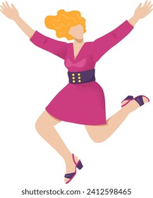 Happy woman jumping with joy in a pink dress and heels. Excited blonde female in playful pose celebrating success. Cheerful lady and happiness concept vector illustration.