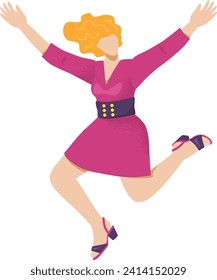 Happy woman jumping with joy in a pink dress and heels. Excited blonde female in playful pose celebrating success. Cheerful lady and happiness concept vector illustration.