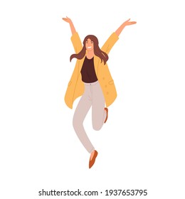 Happy Woman Jumping Up From Joy And Success. Rejoicing Employee Celebrating Achievement And Victory. Delighted Successful Person. Colored Flat Vector Illustration Isolated On White Background