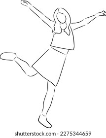 Happy woman jumping for joy, vector. Hand drawn sketch. Happy woman jumping for joy on one leg.