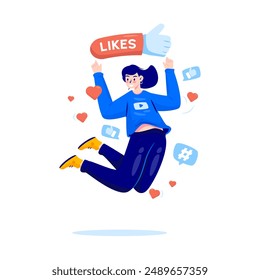 A happy woman is jumping with likes sign, A girl request like button for social media, Vector illustration