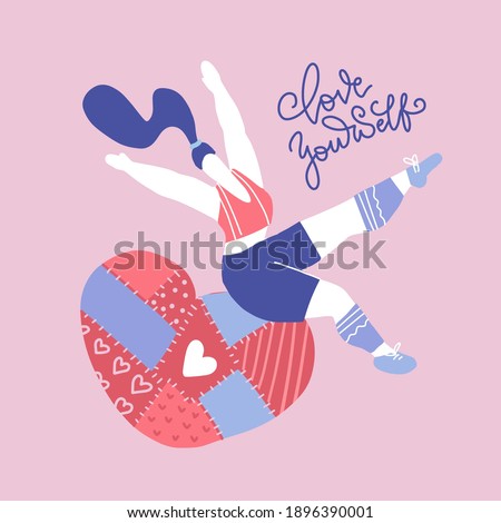 Happy woman jumping on patchwork heart. Plus size girl in love. Romantic mood. Love yourself concept. Vector flat illustration