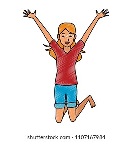Happy woman jumping scribble