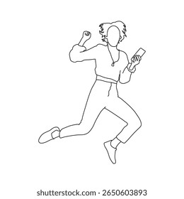 Mulher feliz pulando com Smartphone Outline, Menina empolgada saltando a arte de linha mínima