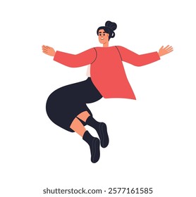 Happy woman jumping up. Excited office worker in joyful flying pose, smiling and rejoicing. Female employee in air, joy and positive energy. Flat vector illustration isolated on white background