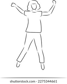 Happy woman jumping, vector. Hand drawn sketch. A woman in a t-shirt and pants is jumping.