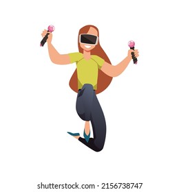 Happy woman jumping in VR glasses holding controllers in hands, flat vector illustration isolated on white background. Cartoon female character traveling in virtual reality.