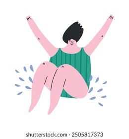 Happy woman jumping in water, cartoon flat vector illustration isolated on white background. Cute hand drawn character having fun in swimming pool or sea. Summer vacation.