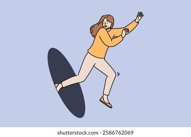 Happy woman jumps out of hole, showing readiness to move forward and energetic mood. Successful girl smiles moving forward thanks to inspiration and motivation for personal development