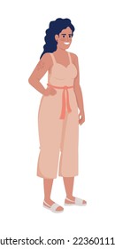 Happy woman in jumpsuit semi flat color vector character. Casual fashion. Editable figure. Full body person on white. Simple cartoon style illustration for web graphic design and animation