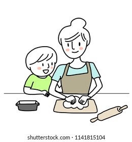 Happy woman kneading dough and her child want to help cooking meal excitedly. Mom and kid spending cooking time together. Happy family concept with cute mother and son baking food together. 