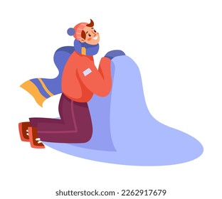 Happy Woman in Knitted Hat Hiding Behind Snowbank Having Fun in Winter Season Vector Illustration