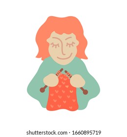 Happy woman knitting a scarf. Vector illustration. Flat design element for card, banner, leaflet, poster.