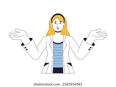 Happy woman in lab coat confused shrugging flat line color vector character. Female scientist. Editable outline full body person on white. Simple cartoon spot illustration for web graphic design