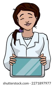 Happy woman with lab coat like a scientist or doctor holding a tablet with empty space. Design in cartoon style.