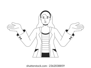 Happy woman in lab coat shrugging hands flat line black white vector character. Female scientist. Editable outline full body person. Simple cartoon isolated spot illustration for web graphic design