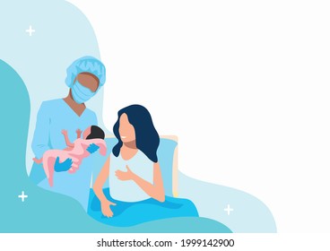 Happy woman in labor in the delivery room with a newborn baby and a nurse. Childbirth and the joy of motherhood. Vector horizontal illustration on an abstract minimalistic background.