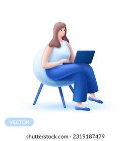 Happy woman with laptop in armchair 3d color vector people character. Full body female person surfing internet via notebook computer. Cartoon illustration for web graphic design and animation