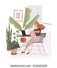 Happy Woman With Laptop On Balcony. Freelance Worker Sitting At Computer On Terrace. Freelancer During Remote Work In Summer Home Office. Flat Vector Illustration Isolated On White Background