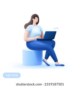 Happy woman with laptop on cylinder 3d color vector people character. Full body female person surfing internet via notebook computer. Cartoon illustration for web graphic design and animation