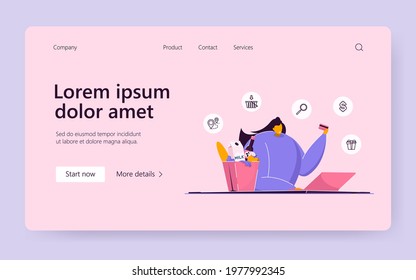 Happy Woman With Laptop Ordering Food. Female With Credit Card In Hand Shopping Online Flat Vector Illustration. Ecommerce, Online Food Delivery Concept For Banner, Website Design Or Landing Web Page