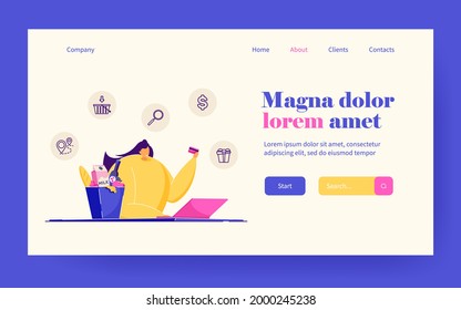 Happy Woman With Laptop Ordering Food. Female With Credit Card In Hand Shopping Online Flat Vector Illustration. Ecommerce, Online Food Delivery Concept For Banner, Website Design Or Landing Web Page