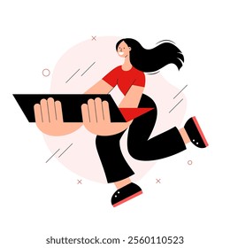 Happy woman with laptop running. Concept of successful work on laptop or getting good news, finance, discount. Technical support team. Modern technologies. Dynamic vector illustration