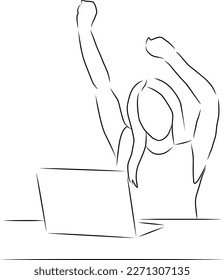 Happy woman with laptop, vector. Hand drawn sketch. A woman sits at a table with a laptop, raises her hands up in joy.