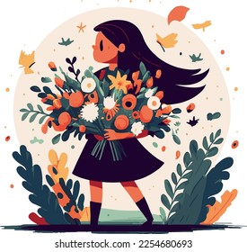 Happy woman with large bouquet of flowers in her hands..