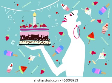 Happy woman laughing, with cake, cupcakes, ice cream, fruits .Wedding, anniversary, birthday, Valentin's day, party invitation concept.