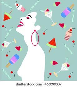 Happy woman laughing, with cake, cupcakes, ice cream, fruits .Wedding, anniversary, birthday, Valentin's day, party invitation concept.