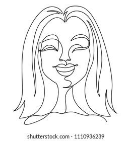 Happy Woman Laughing One Line Art Portrait. Joyful Female Facial Expression. Hand Drawn Linear Woman Silhouette. Vector illustration