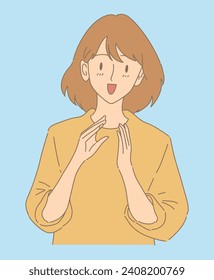 Happy woman laughing and smiling, applauding after successful task, thanking, showing appreciation at event. Hand drawn flat cartoon character vector illustration.