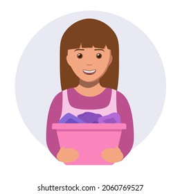 Happy woman in a laundry. Smiling girl washes clothes. Yong woman with a laundry basket. Vector illustration