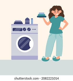 Happy woman in the laundry. Vector illustration of a woman in a laundry room with a washing machine, household goods. Housewife in the laundry.