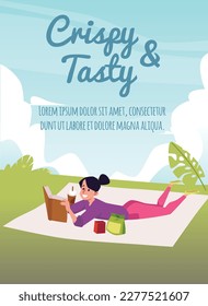 Happy woman laying on blanket in park and eating snacks, poster template flat vector illustration. Character reading book and having a bite of snack food.