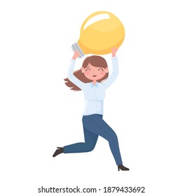 happy woman leadership holds light bulb success vector illustration