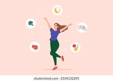 Happy woman leads a healthy lifestyle. Healthy lifestyle concept. Flat vector illustration.