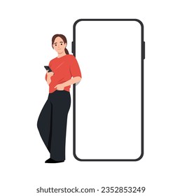 Mujer Feliz Inclinada En Un Gran Smartphone Gigante Con Pantalla Blanca Vacía, Una Mujer Casual Con Teléfono Celular, Navegando Aplicación De Publicidad En Sitios Web. Ilustración vectorial plana aislada en fondo blanco