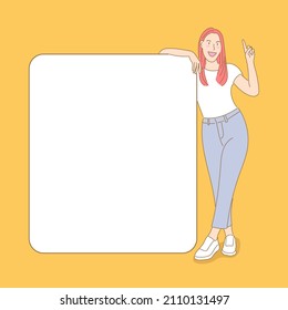 Happy woman leaning on copy space isolated on background flat illustration vector.