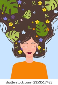 Happy woman with leaves and flowers in her hair on light blue background, vector illustration. State of mindfulness