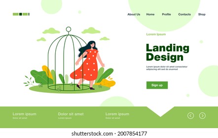 Happy woman leaving birdcage. Female cartoon coming out of cage, opening up flat vector illustration. Freedom, domestic violence, mental health concept for banner, website design or landing web page