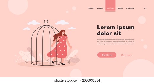 Happy woman leaving birdcage. Female cartoon coming out of cage, opening up flat vector illustration. Freedom, domestic violence, mental health concept for banner, website design or landing web page